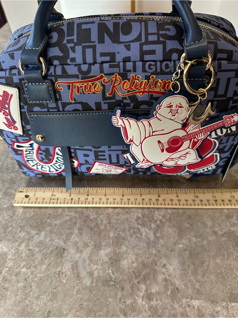 True Religion Multi Patch Satchel Bag Navy Denim Crossbody Monogram Y2K NWT - Picture 13 of 14